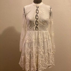 Forever21 White Lace Sheer Long Sleeve Mini Dress.